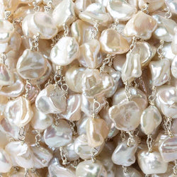 9x8mm Off White Keshi Side Drilled Pearl .925 Silver Chain by the foot 24 pearls (ONLINE ORDER ONLY)