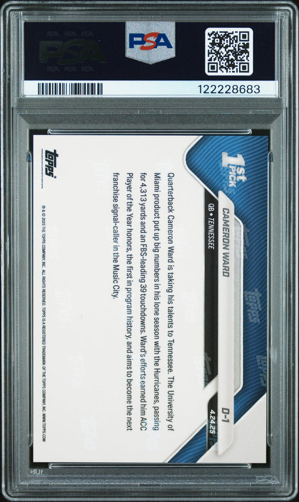 Graded 2025 Topps Now Cam Ward #D1 Orange Foil /25 Rookie RC Football Card PSA 10 Gem Mint (ONLINE ORDER ONLY)