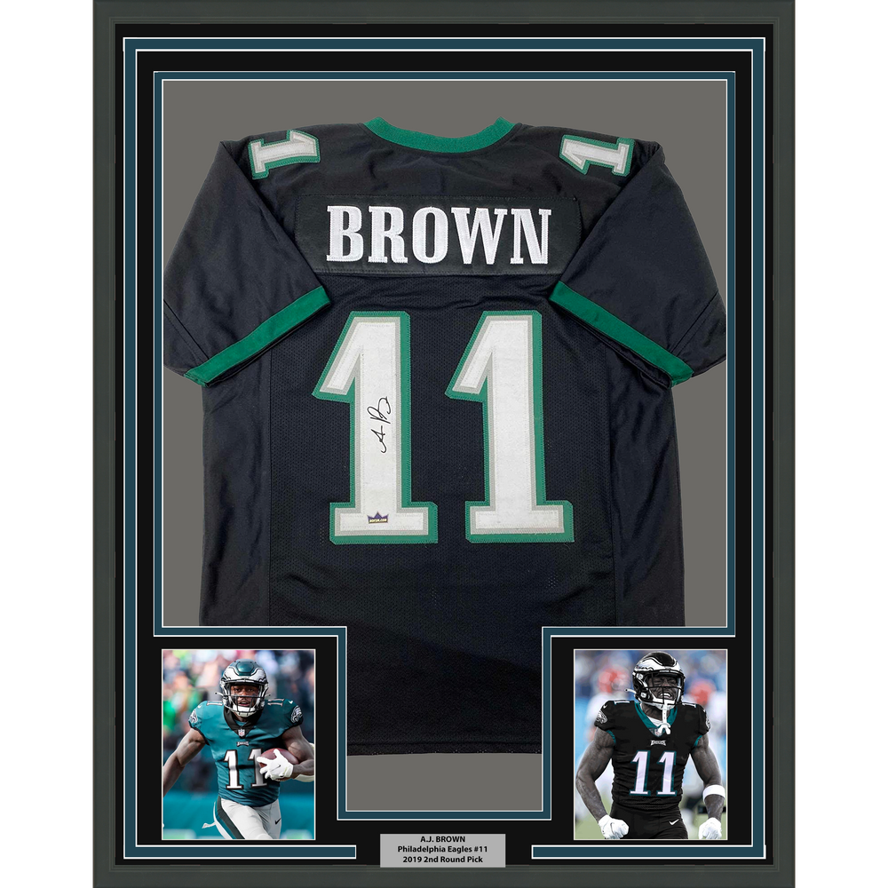 Framed Facsimile Autographed AJ A.J. Brown 35x39 Philadelphia Black Reprint Laser Auto Football Jersey (ONLINE ORDER ONLY)