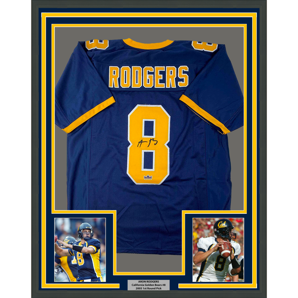 Framed Facsimile Autographed Aaron Rodgers 35x39 Cal California Blue Reprint Laser Auto College Football Jersey Size Men's XL (ONLINE ORDER ONLY)