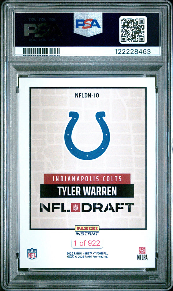 Graded 2025 Panini Instant Tyler Warren #NFLDN10 NFL Draft Night Rookie RC Football Card PSA 9 Mint (ONLINE ORDER ONLY)