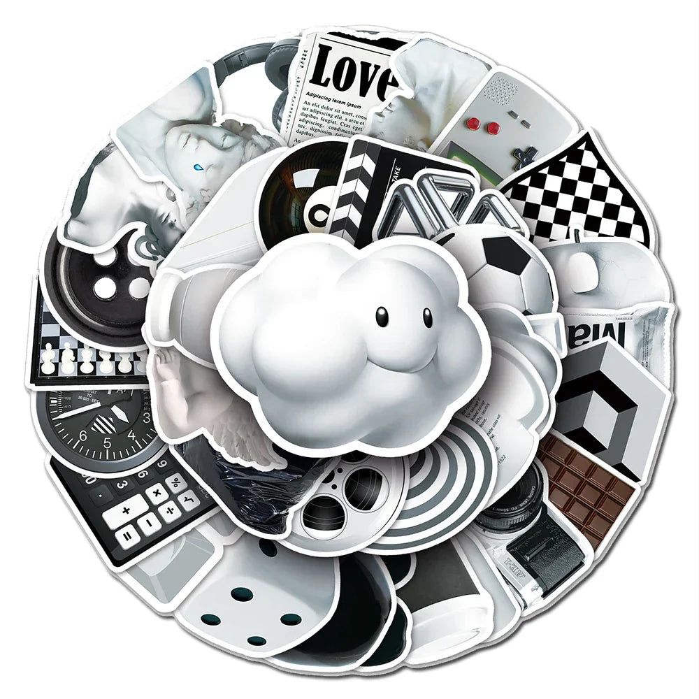 Aesthetic Black White Stickers Sculpture Metal Decals DIY Laptop Phone Suitcase Motorcycle Classic Toy (Online Order Only)