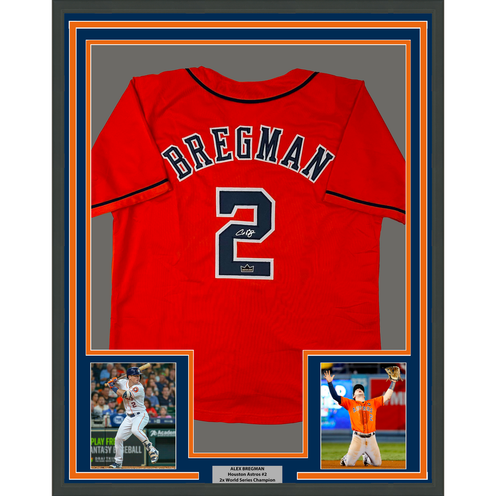 Framed Facsimile Autographed Alex Bregman 35x39 Houston Orange Reprint Laser Auto Baseball Jersey (ONLINE ORDER ONLY)