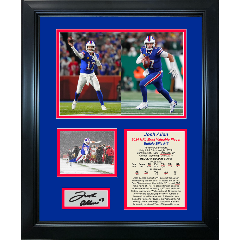 Framed Josh Allen 2024 NFL MVP Most Valuable Player Facsimile Laser Engraved Signature Auto Buffalo Bills 11"x14" Football Photo Sig Collage (ONLINE ORDER ONLY)