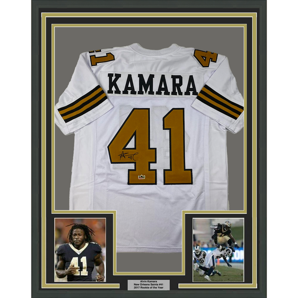 Framed Facsimile Autographed Alvin Kamara 35x39 New Orleans Color Rush Reprint Laser Auto Football Jersey (ONLINE ORDER ONLY)