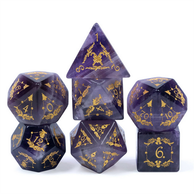 Amethyst with Embellishment - Gemstone Engraved with Gold RPG Dice Set (ONLINE ORDER ONLY)