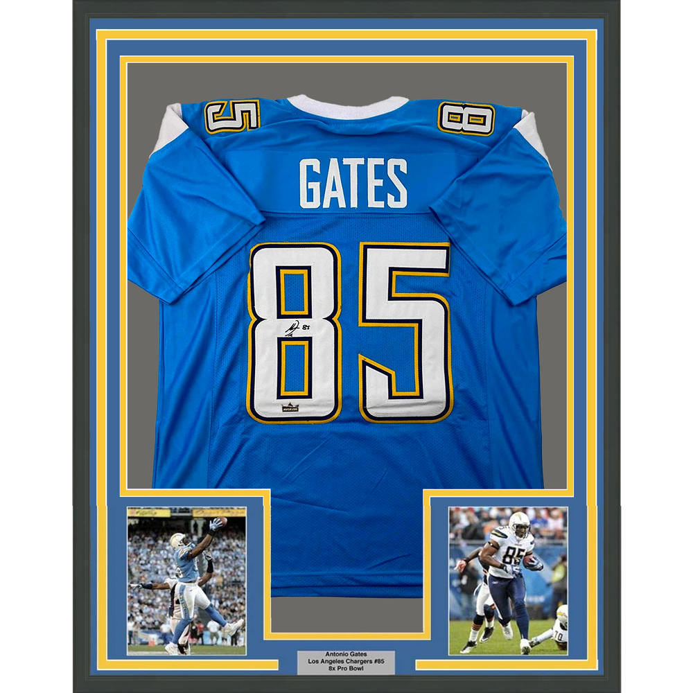 Framed Facsimile Autographed Antonio Gates 35x39 Los Angeles LA Powder Blue Reprint Laser Auto Football Jersey (ONLINE ORDER ONLY)
