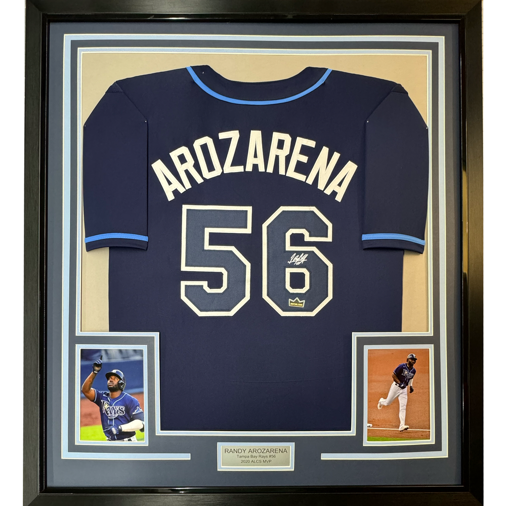 Framed Facsimile Autographed Randy Arozarena 35x39 Tampa Bay Navy Blue Reprint Laser Auto Baseball Jersey (ONLINE ORDER ONLY)