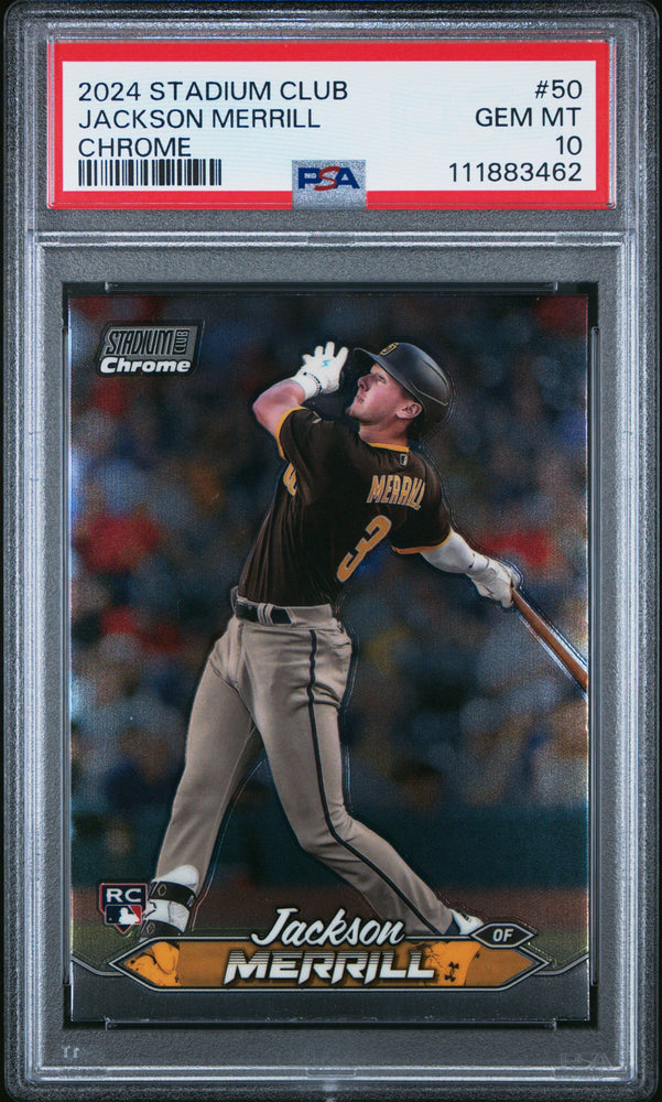 Graded 2024 Topps Stadium Club Jackson Merrill #50 Chrome Rookie RC Baseball Card PSA 10 Gem Mint (ONLINE ORDER ONLY)