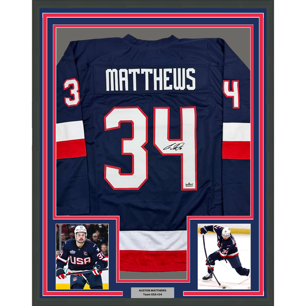 Framed Facsimile Autographed Auston Matthews 35x39 United States USA Blue 2025 4 Nations Face-Off Reprint Laser Auto Hockey Jersey (ONLINE ORDER ONLY)