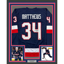 Framed Facsimile Autographed Auston Matthews 35x39 United States USA Blue 2025 4 Nations Face-Off Reprint Laser Auto Hockey Jersey (ONLINE ORDER ONLY)