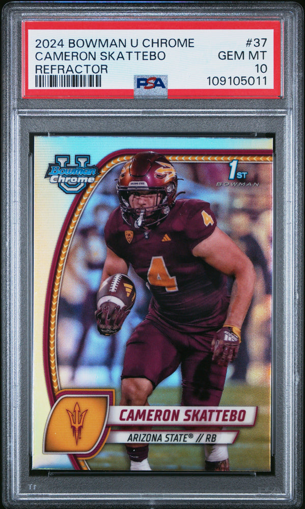 Graded 2024 Topps Bowman U Chrome Cam Skattebo #37 Refractor Rookie RC Football Card PSA 10 Gem Mint (ONLINE ORDER ONLY)