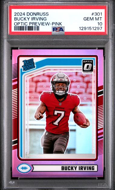 Graded 2024 Panini Donruss Bucky Irving #301 Optic Preview Pink Rookie RC Football Card PSA 10 Gem Mint (ONLINE ORDER ONLY)