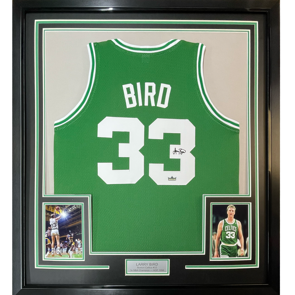 Framed Facsimile Autographed Larry Bird 35x39 Boston Green Reprint Laser Auto Basketball Jersey (ONLINE ORDER ONLY)
