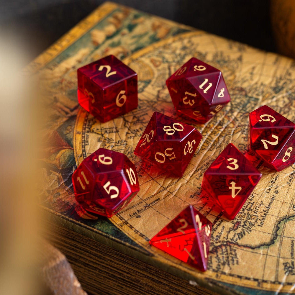 Blood Red Hand Carved Zircon Glass DND Dice Set (ONLINE ORDER ONLY)
