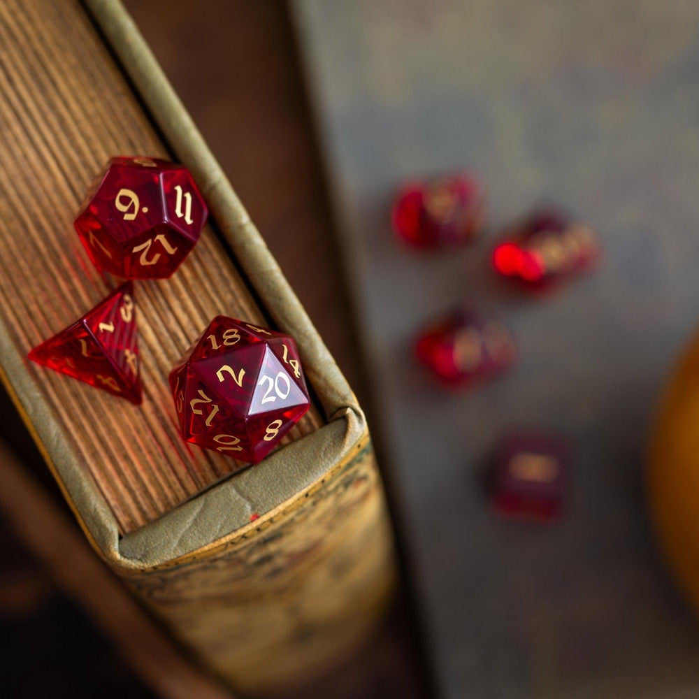 Blood Red Hand Carved Zircon Glass DND Dice Set (ONLINE ORDER ONLY)
