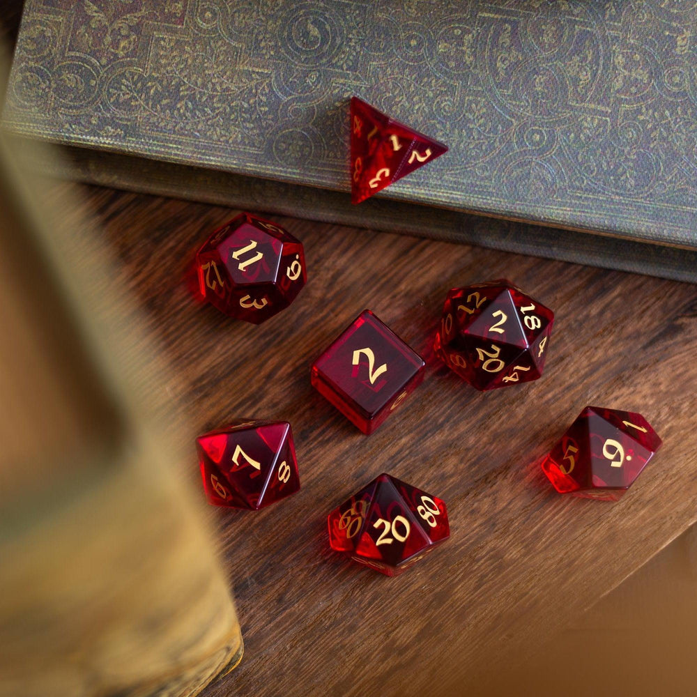 Blood Red Hand Carved Zircon Glass DND Dice Set (ONLINE ORDER ONLY)