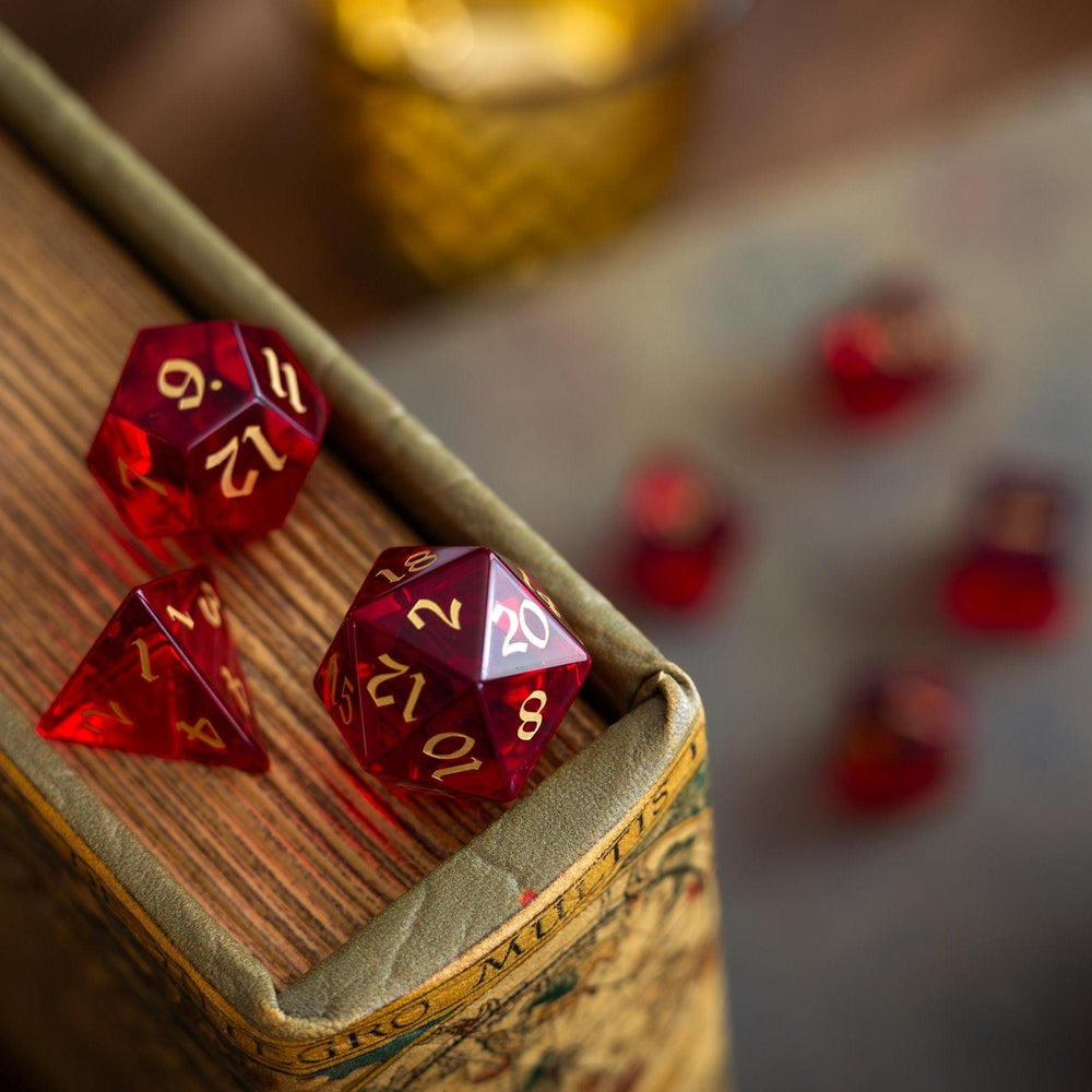 Blood Red Hand Carved Zircon Glass DND Dice Set (ONLINE ORDER ONLY)