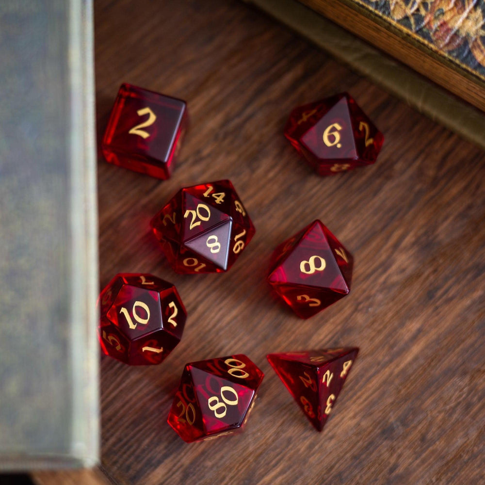 Blood Red Hand Carved Zircon Glass DND Dice Set (ONLINE ORDER ONLY)