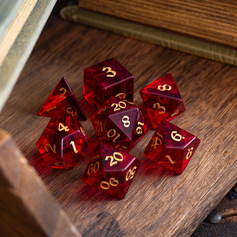 Blood Red Hand Carved Zircon Glass DND Dice Set (ONLINE ORDER ONLY)