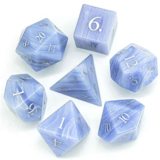 Blue Agate - Gemstone Engraved with Silver RPG Dice Set (ONLINE ORDER ONLY)