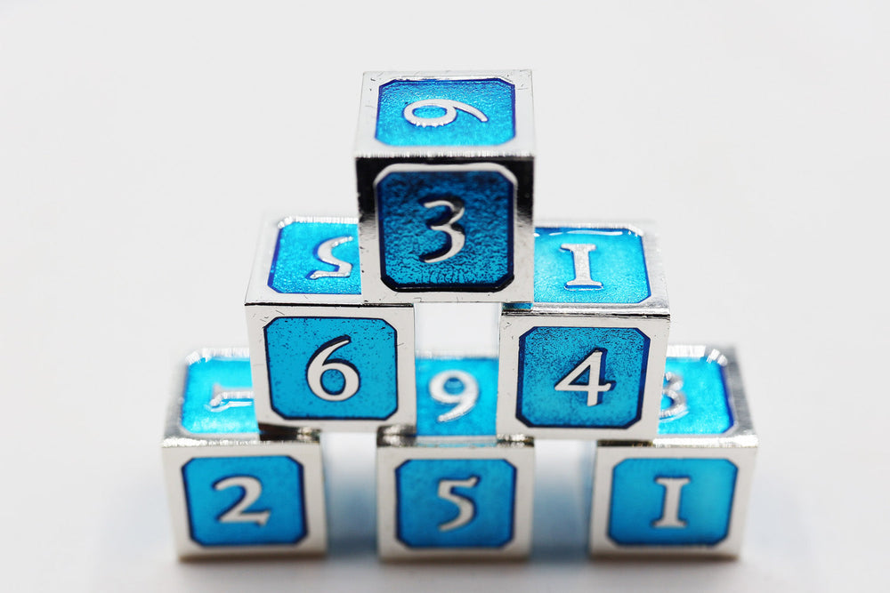 6 piece Metal D6's - Blue and Silver (ONLINE ORDER ONLY)