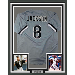 Framed Facsimile Autographed Bo Jackson 35x39 Chicago Grey Reprint Laser Auto Baseball Jersey (ONLINE ORDER ONLY)