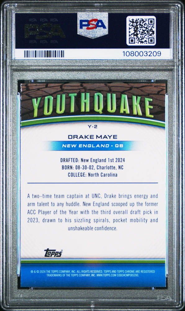 Graded 2024 Topps Chrome Drake Maye #Y2 Youthquake Xfractor Rookie RC Football Card PSA 10 Gem Mint (ONLINE ORDER ONLY)