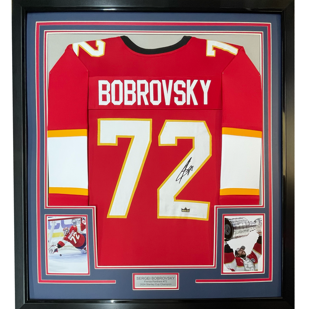 Framed Facsimile Autographed Sergei Bobrovsky 35x39 Florida Red Reprint Laser Auto Hockey Jersey (ONLINE ORDER ONLY)