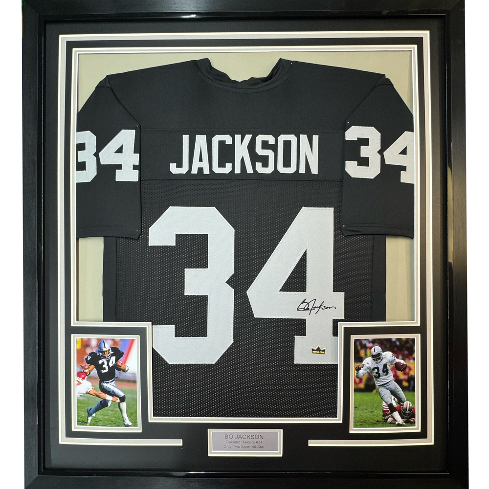 Framed Facsimile Autographed Bo Jackson 35x39 Oakland Las Vegas Black Reprint Laser Auto Football Jersey Size Men's XL (ONLINE ORDER ONLY)