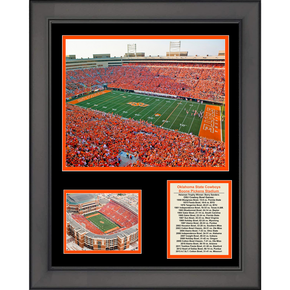 Framed Oklahoma State Cowboys Boone Pickens Stadium & Team History 11"x14" College Football Three Photo Collage (ONLINE ORDER ONLY)