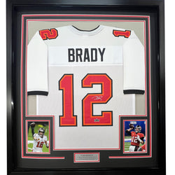Framed Facsimile Autographed Tom Brady 35x39 Tampa Bay White Reprint Laser Auto Football Jersey Size Men's XL (ONLINE ORDER ONLY)