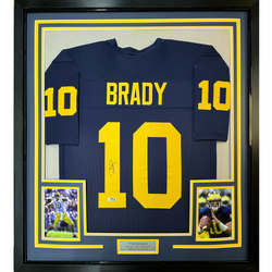 Framed Facsimile Autographed Tom Brady 35x39 Michigan Blue Reprint Laser Auto College Football Jersey (ONLINE ORDER ONLY)