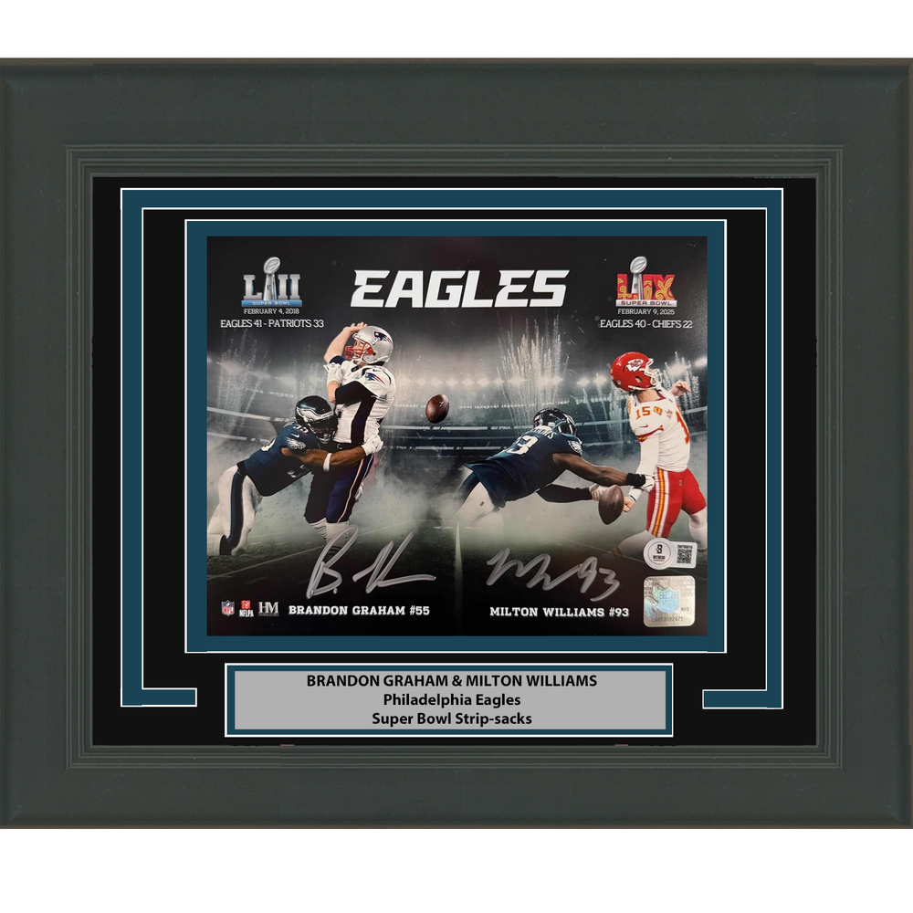 Framed Autographed/Signed Brandon Graham & Milton Williams Dual Philadelphia Eagles Super Bowl Champions 8x10 Football Photo Beckett BAS COA (ONLINE ORDER ONLY)