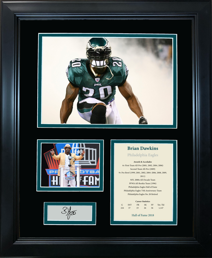 Framed Brian Dawkins Hall of Fame Facsimile Laser Engraved Signature Auto Philadelphia Eagles 11"x14" Photo Sig Collage (ONLINE ORDER ONLY)