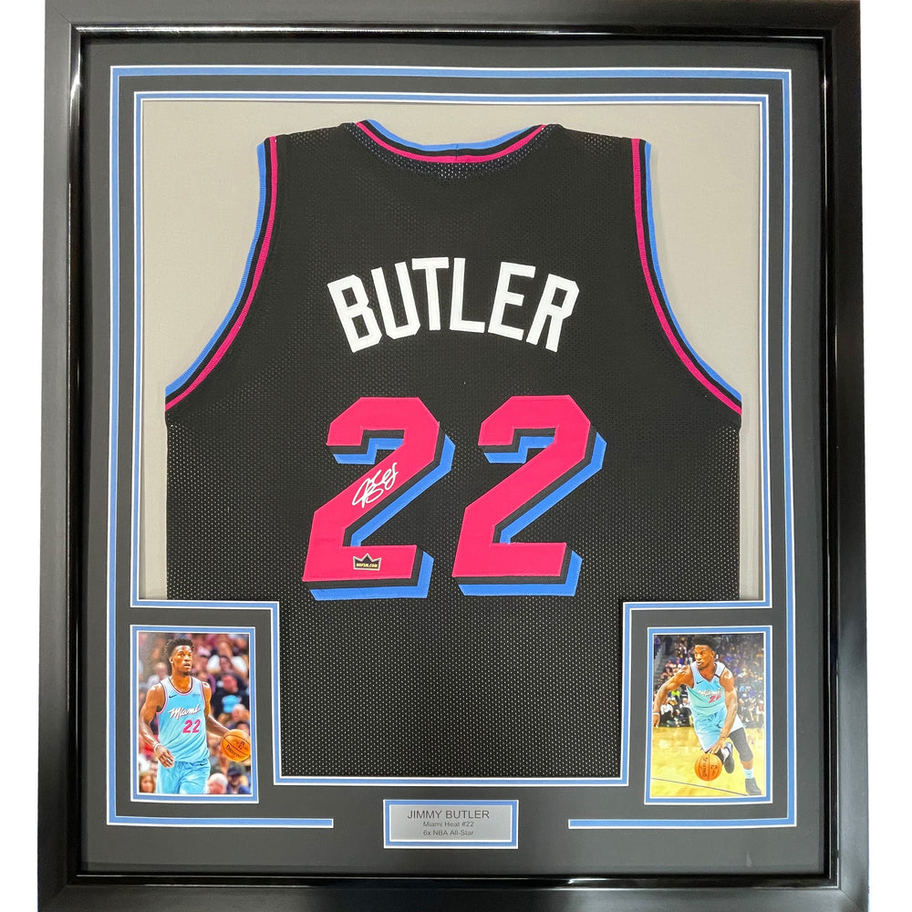 Framed Facsimile Autographed Jimmy Butler 35x39 Miami Black Vice City Reprint Laser Auto Basketball (ONLINE ORDER ONLY)