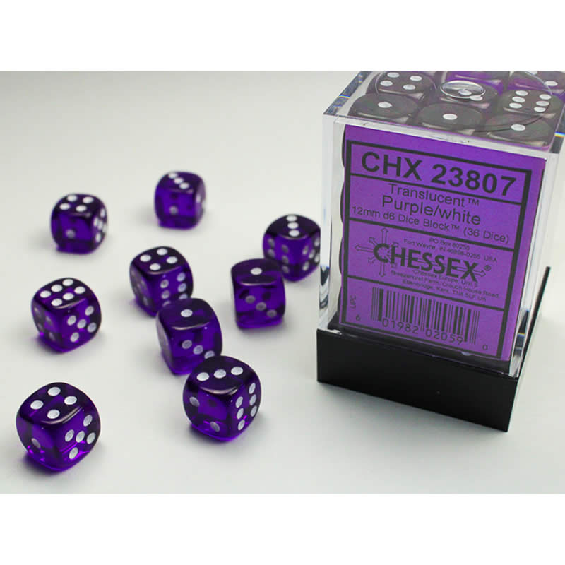 CHX23807 Purple Translucent D6 Dice White Pips 12mm Pack of 36 (ONLINE ORDER ONLY)