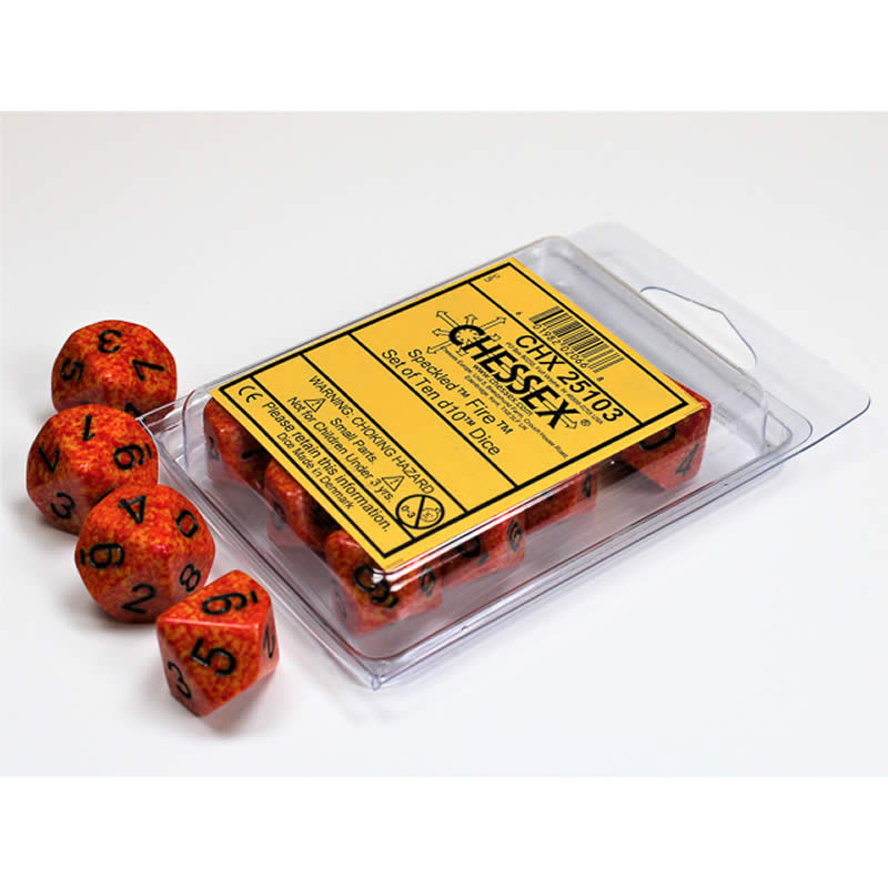 CHX25103 Fire Speckled Dice Black Numbers D10 16mm (5/8in) Set of 10 (ONLINE ORDER ONLY)