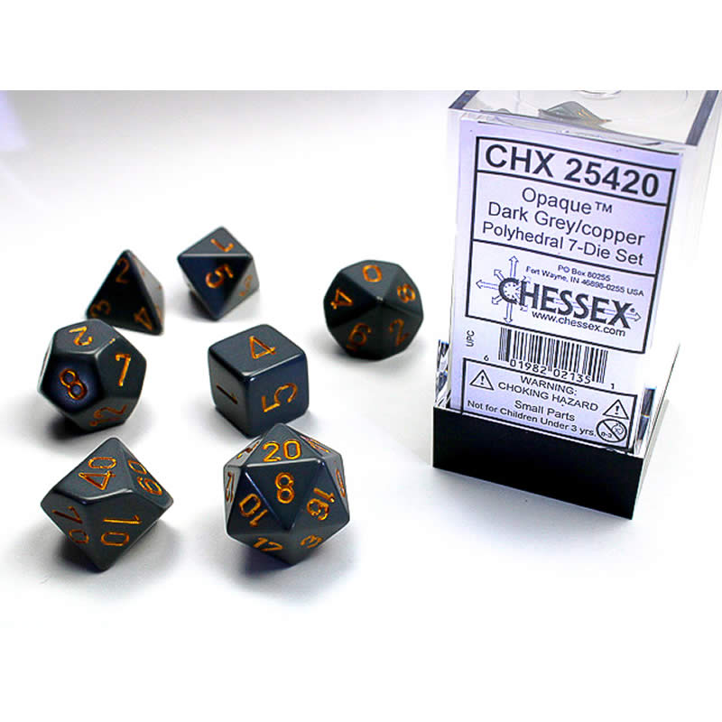 CHX25420 Dark Grey Opaque Dice Copper Numbers 16mm (5/8in) Set of 7 (ONLINE ORDER ONLY)