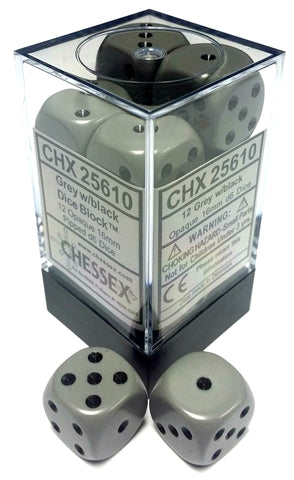Chessex Opaque Dark Grey/Black 16MM D6 Dice Block (12 dice)