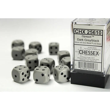 Chessex Opaque Dark Grey/Black 16MM D6 Dice Block (12 dice)