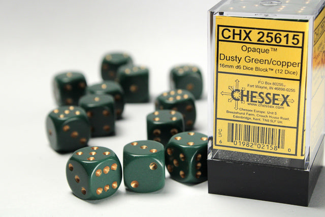 Chessex Opaque Dusty Green/Copper 16MM D6 Dice Block (12 dice)