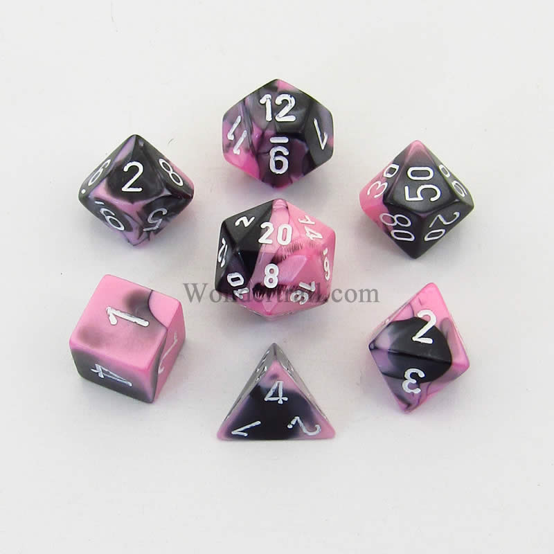 CHX26430 Black and Pink Gemini Dice White Numbers 7 Dice Set 16mm (ONLINE ORDER ONLY)
