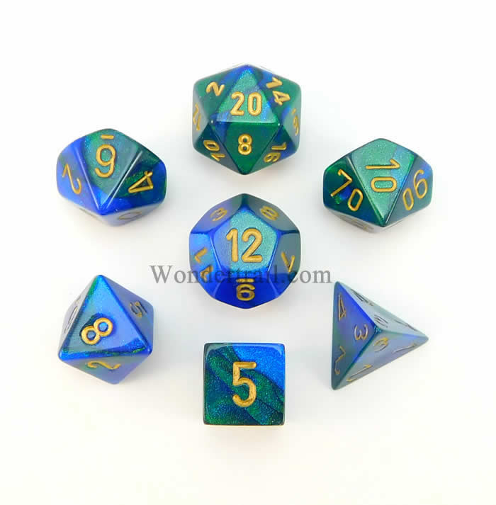 CHX26436 Blue and Green Gemini Dice Gold Numbers 7 Dice Set 16mm (ONLINE ORDER ONLY)