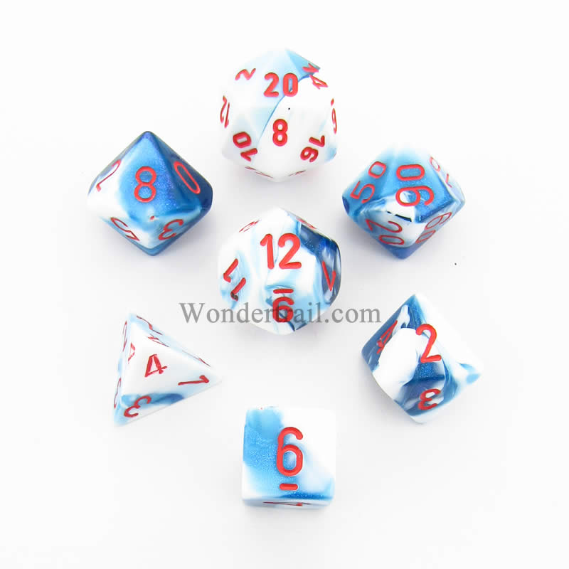 CHX26457 Astral Blue White Gemini Dice Red Numbers 7 Dice Set 16mm (ONLINE ORDER ONLY)
