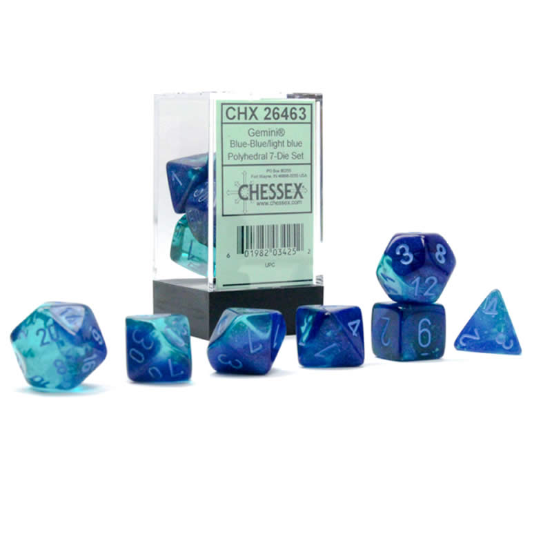 CHX26463 Blue Gemini Luminary Dice with Light Blue Numbers 7 Dice Set 16mm (5/8in) (ONLINE ORDER ONLY)