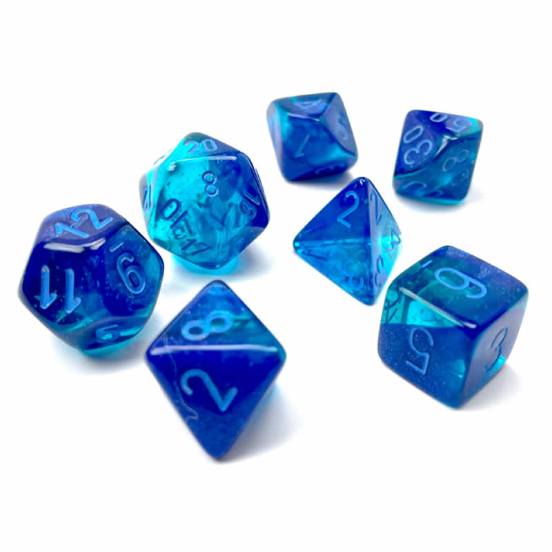 CHX26463 Blue Gemini Luminary Dice with Light Blue Numbers 7 Dice Set 16mm (5/8in) (ONLINE ORDER ONLY)