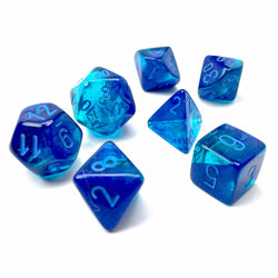 CHX26463 Blue Gemini Luminary Dice with Light Blue Numbers 7 Dice Set 16mm (5/8in) (ONLINE ORDER ONLY)