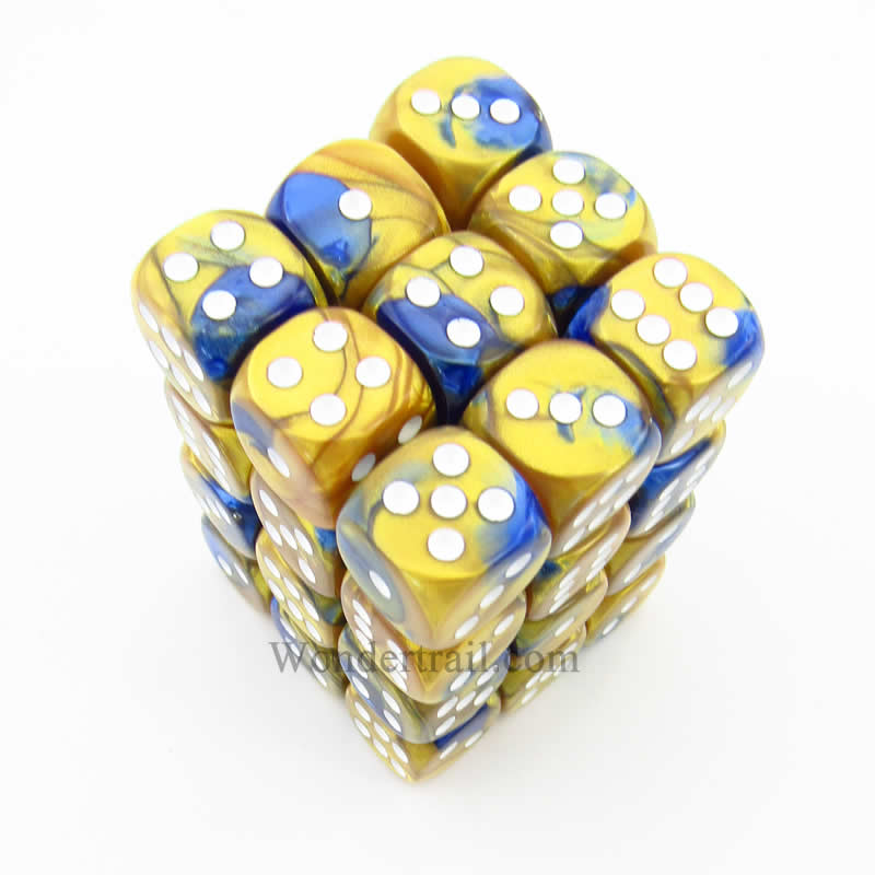 CHX26822 Blue Gold Gemini Dice White Pips D6 12mm (1/2in) Pack of 36 (ONLINE ORDER ONLY)