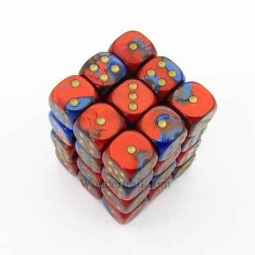 CHX26829 Blue Red Gemini Dice Gold Pips D6 12mm (1/2in) Pack of 36 (ONLINE ORDER ONLY)